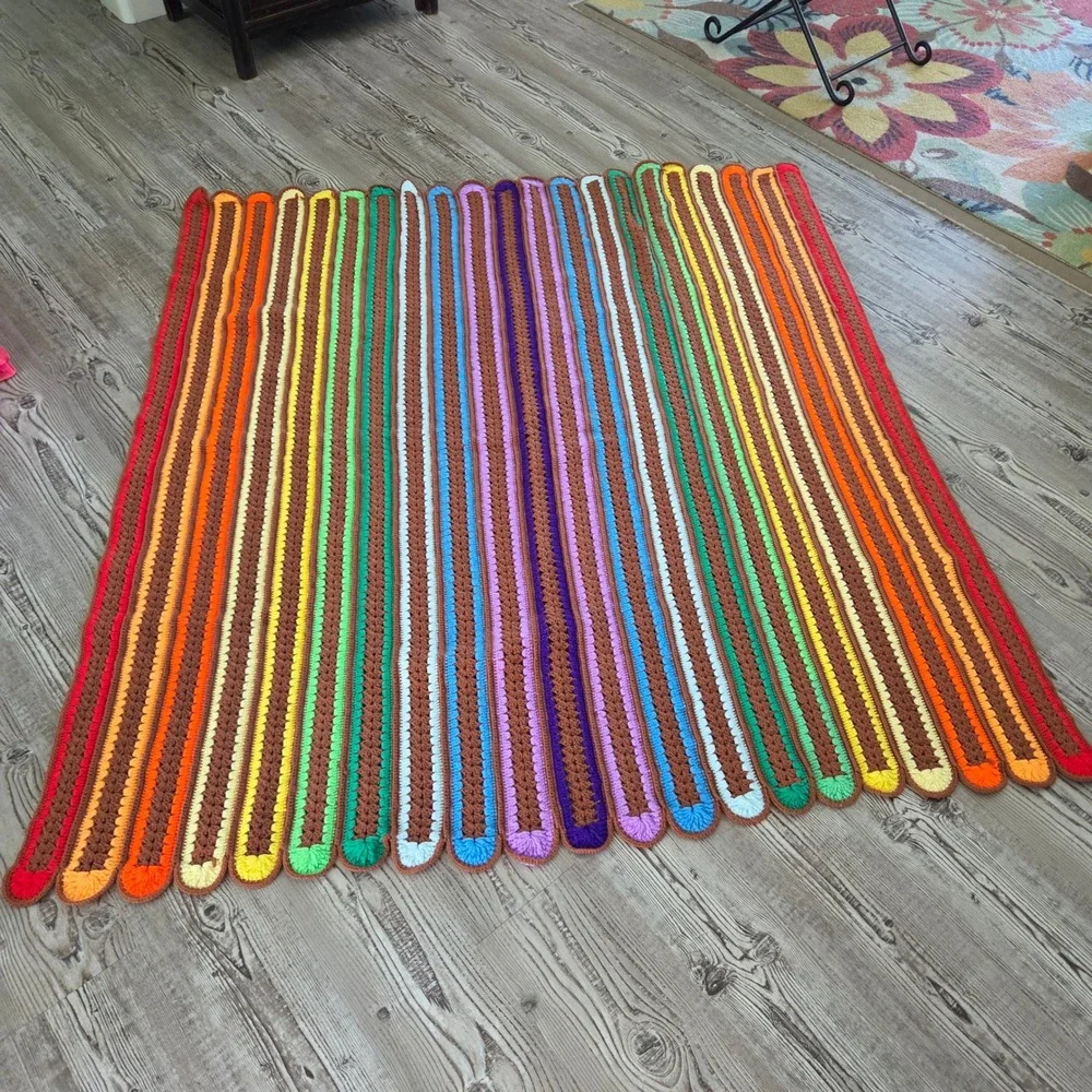 Vintage Handmade Crochet Rainbow Stripe Blanket Brown Scalloped Edge Retro 68x60